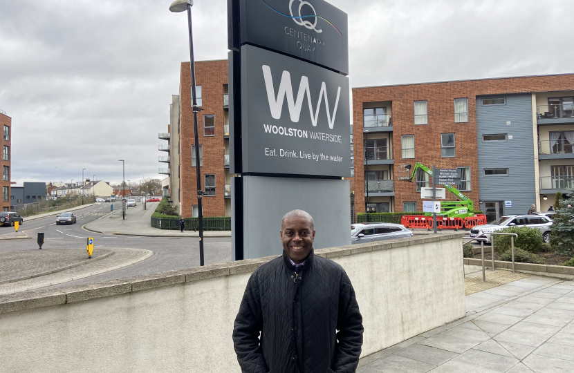 Sidney Yankson supporting the levelling up and regeneration of Southampton high streets in Centenary Quay, Woolston