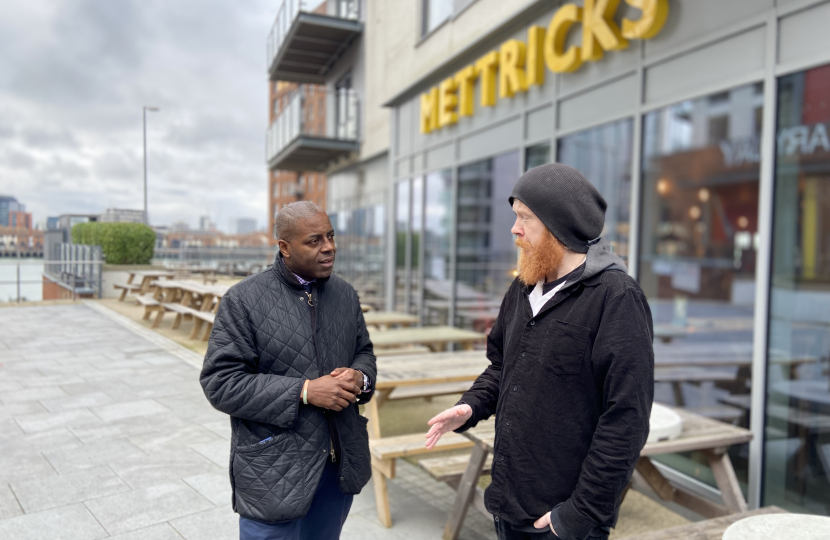 Sidney Yankson supporting the levelling up and regeneration of Southampton high streets in Centenary Quay, Woolston