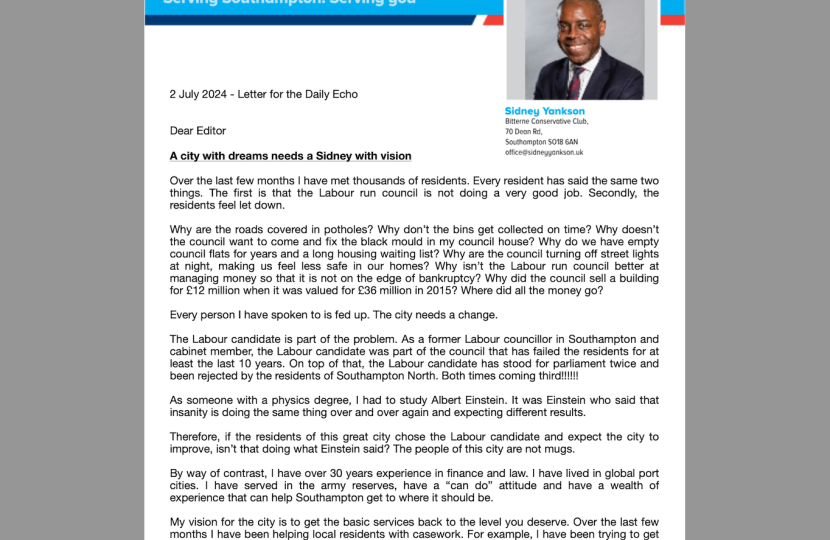 Sidney Yankson's letter to the editor of the Daily Echo