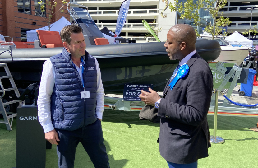 Sidney Yankson meeting Jonathan Parker of Parker Adams Boats at the South Coast & Green Tech Boat Show 2024