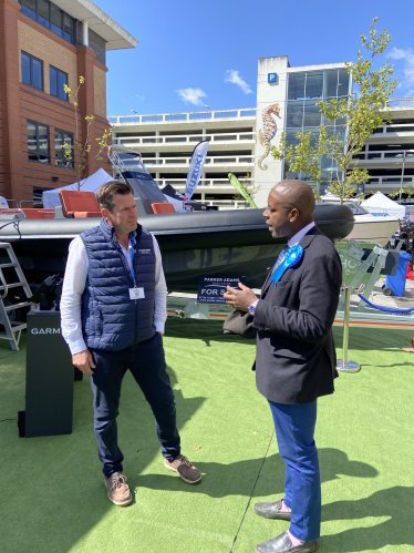 Sidney Yankson meeting Jonathan Parker of Parker Adams Boats at the South Coast & Green Tech Boat Show 2024